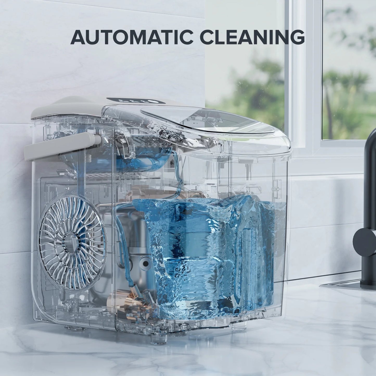 Auseo Portable Ice Maker Countertop, 2 Sizes of Bullet Ice Cubes, Self-Cleaning Ice Machine with Handle for Kitchen/Office/Bar/Party, White