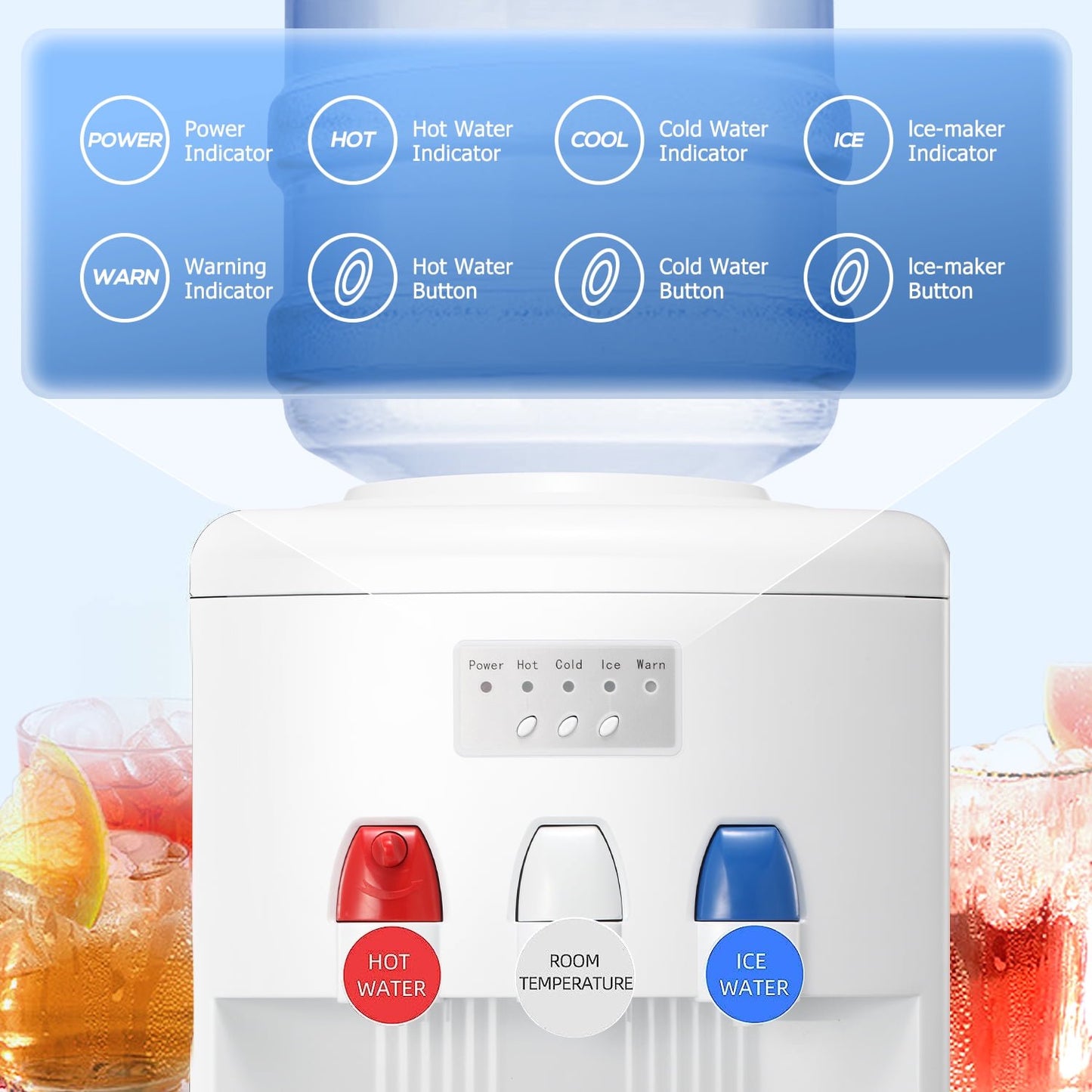 Auseo 5 Gallon Water Cooler Dispenser with Built-in Ice Maker, Top Loading Water Dispenser 3 in 1 Hot/Cold/Room Temperature, Child Lock, White