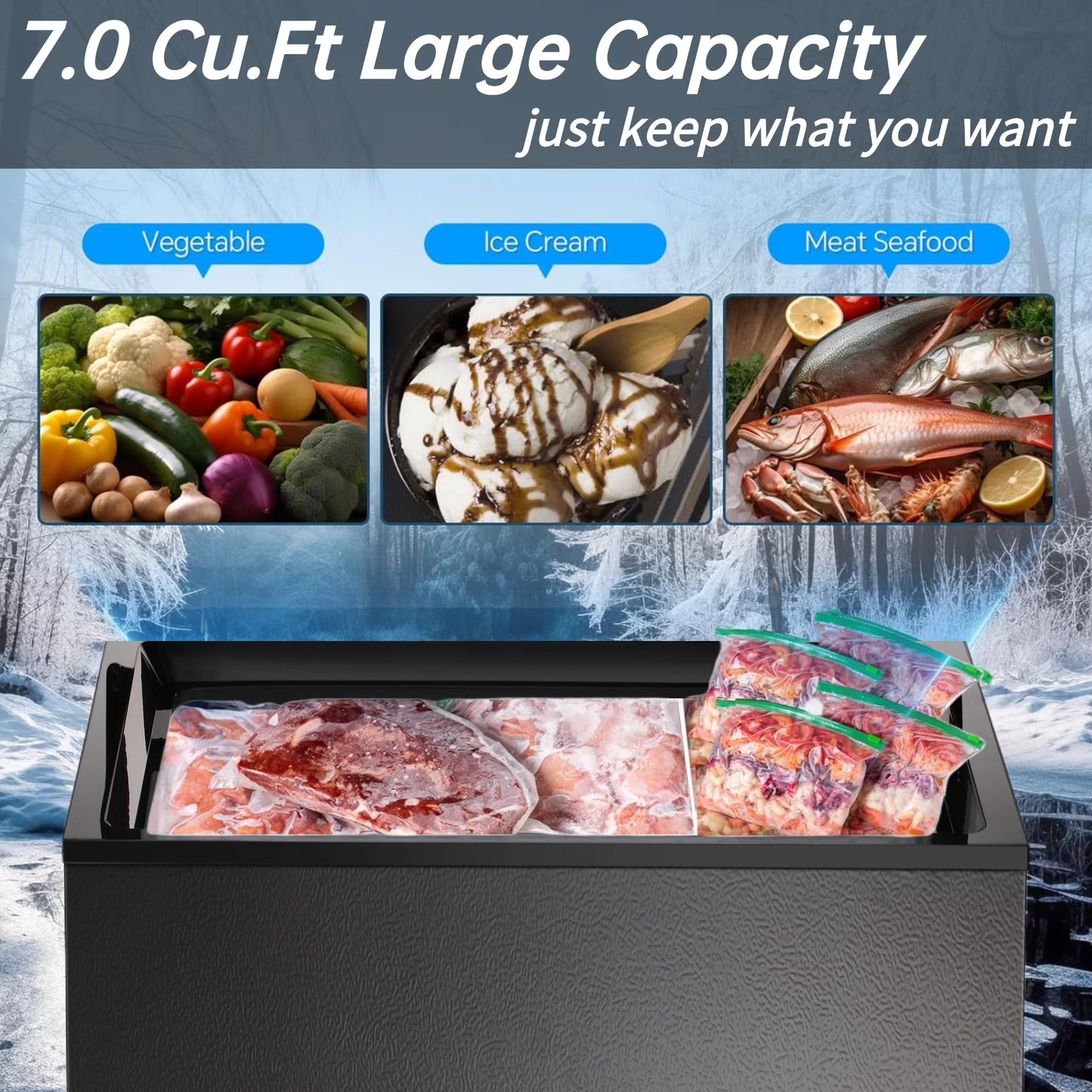 Auseo 8.7 cu. ft. Chest Deep Freezer with Adjustable Temperature, Free Standing Top Open Door Compact Freezer with 3 Removable Basket for Kitchen, Home, Bar, Garage, Office