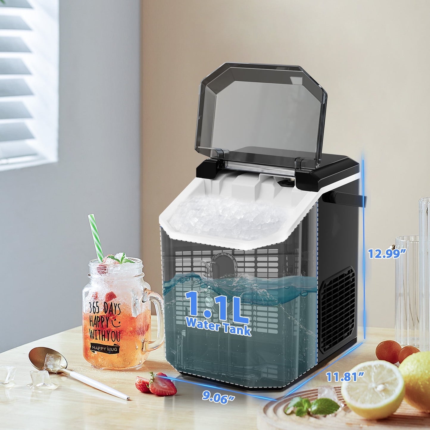 Auseo Nugget Ice Maker Countertop with Soft Chewable Pellet Ice, Portable Ice Machine with Handle, 35lbs/24H, for Kitchen/Office/Party(Black)