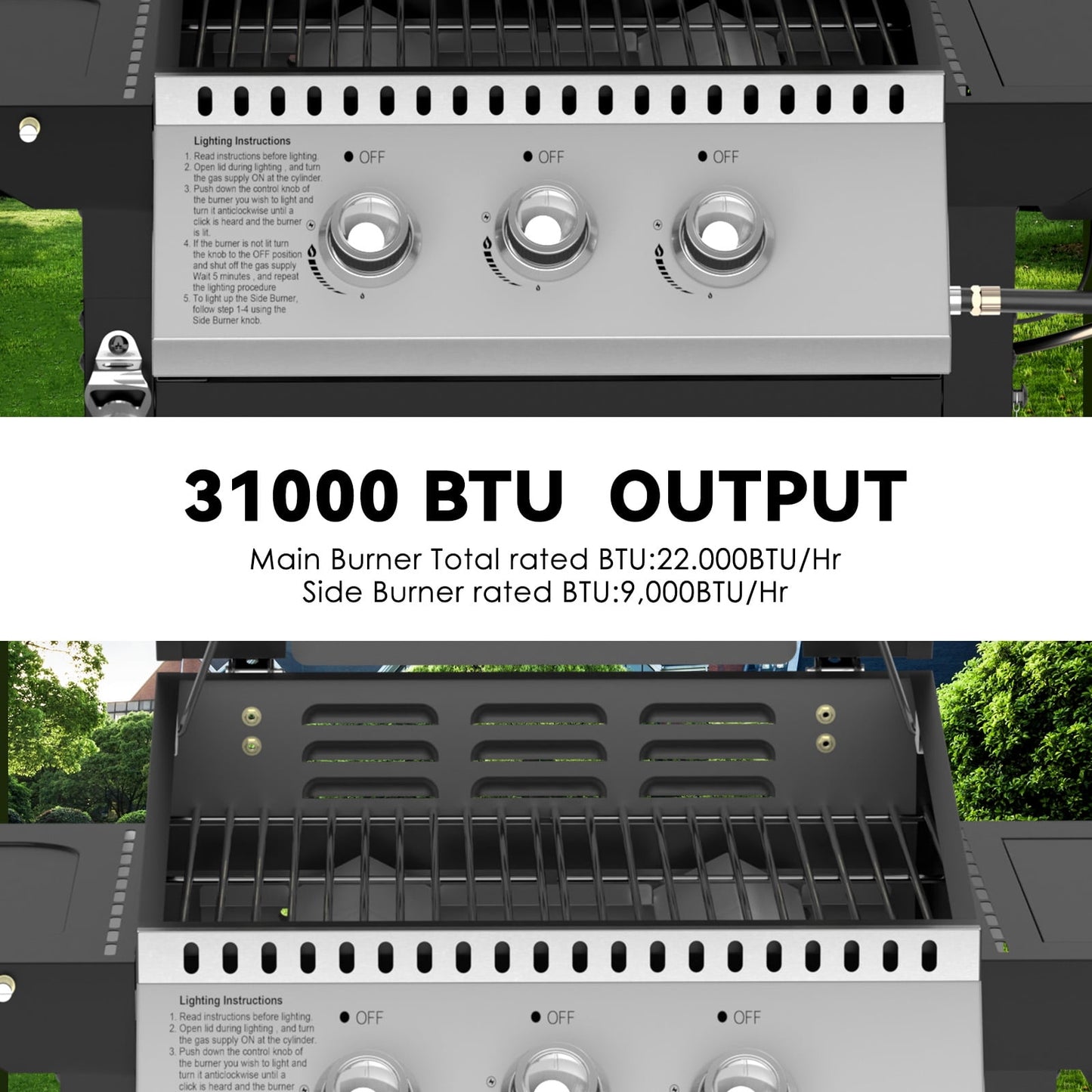 Auseo 2+1 Burner LPG Barbecue Grill (31000BTU) with Side Burner, Stainless Steel, Black