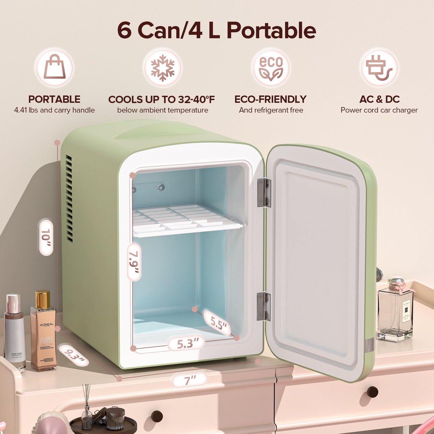 Auseo Mini Fridge Personal Beauty Refrigerator, 4 Liter, Includes Plugs for Home Outlet & DC Charger, Dorm, Bedroom, Table Top Beverage Cooler for Drinks, Soda, Wine - Green