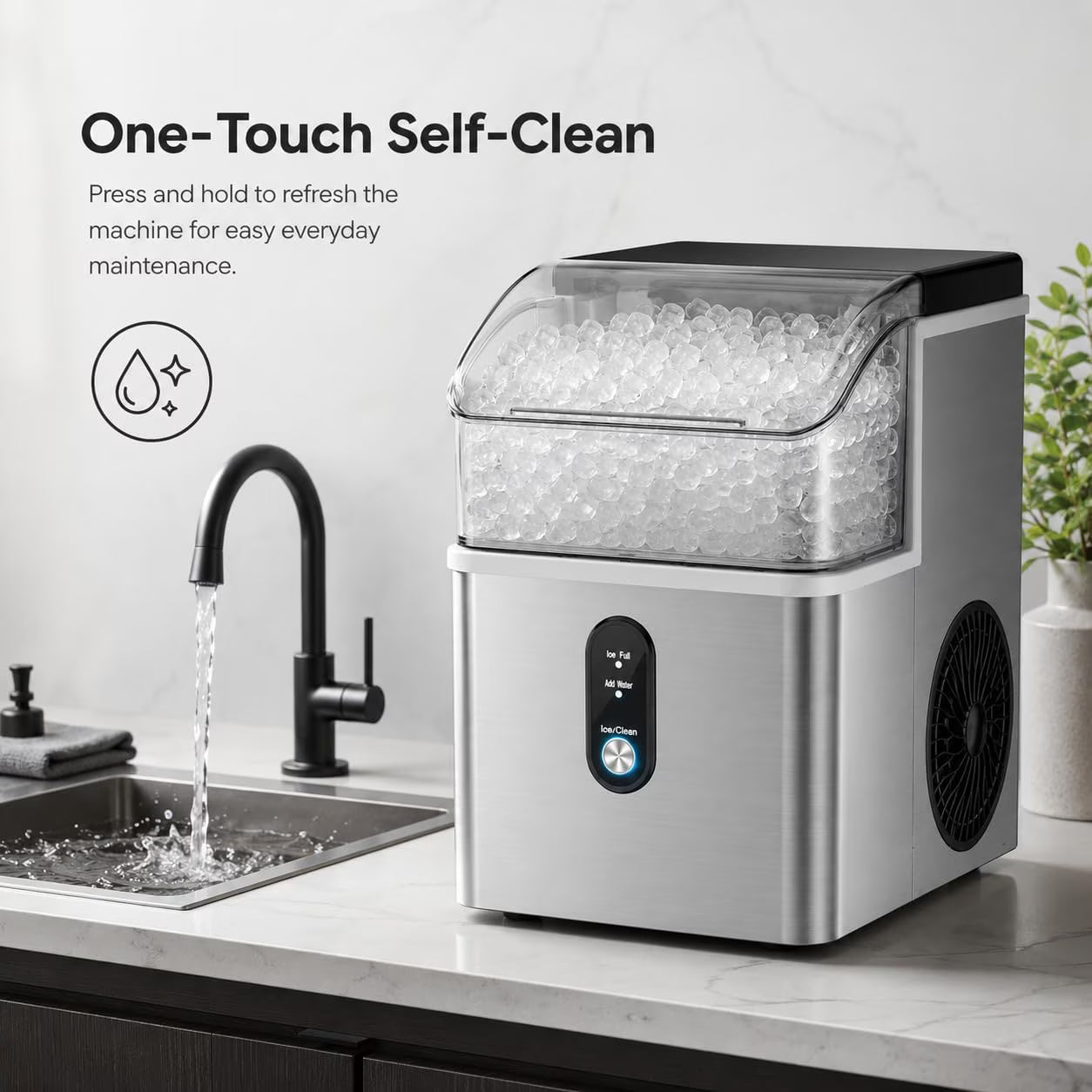Auseo Nugget Ice Maker Countertop, 35Lbs/24H , 6 Min/Round with Self-Cleaning Stainless Steel Ice Machine，Silver