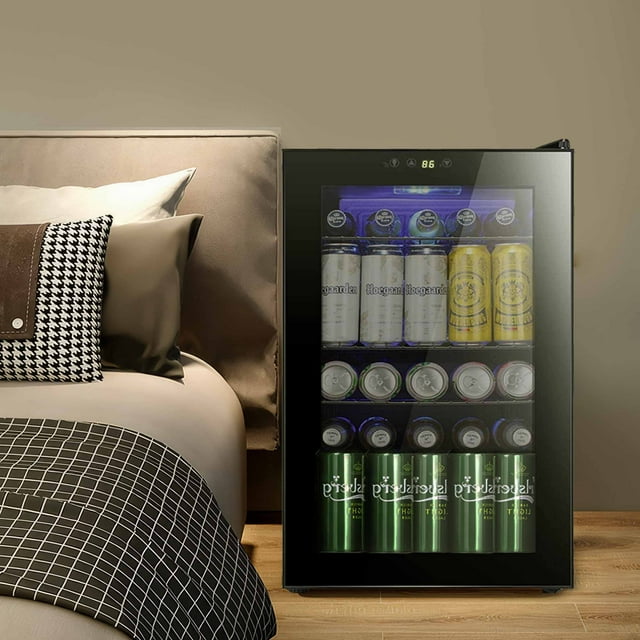 Auseo 2.3 Cu. ft Mini Beverage Cooler -85 Cans Mini Refrigerator, Glass Door, for Soda Beer or Wine, Small Beverage Dispenser for Home/Office/Bar (Black)