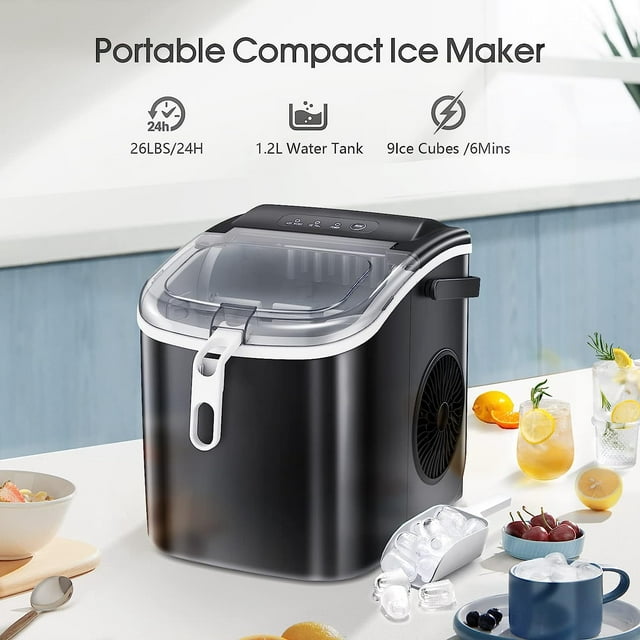 Auseo Ice Makers Countertop,Protable Ice Maker Machine with Handle,Self-Cleaning Function, 26Lbs/24H, 9 PCS Ready in 8 Mins, with ice Scoop and Basket,for Home/Office/Kitchen-Black