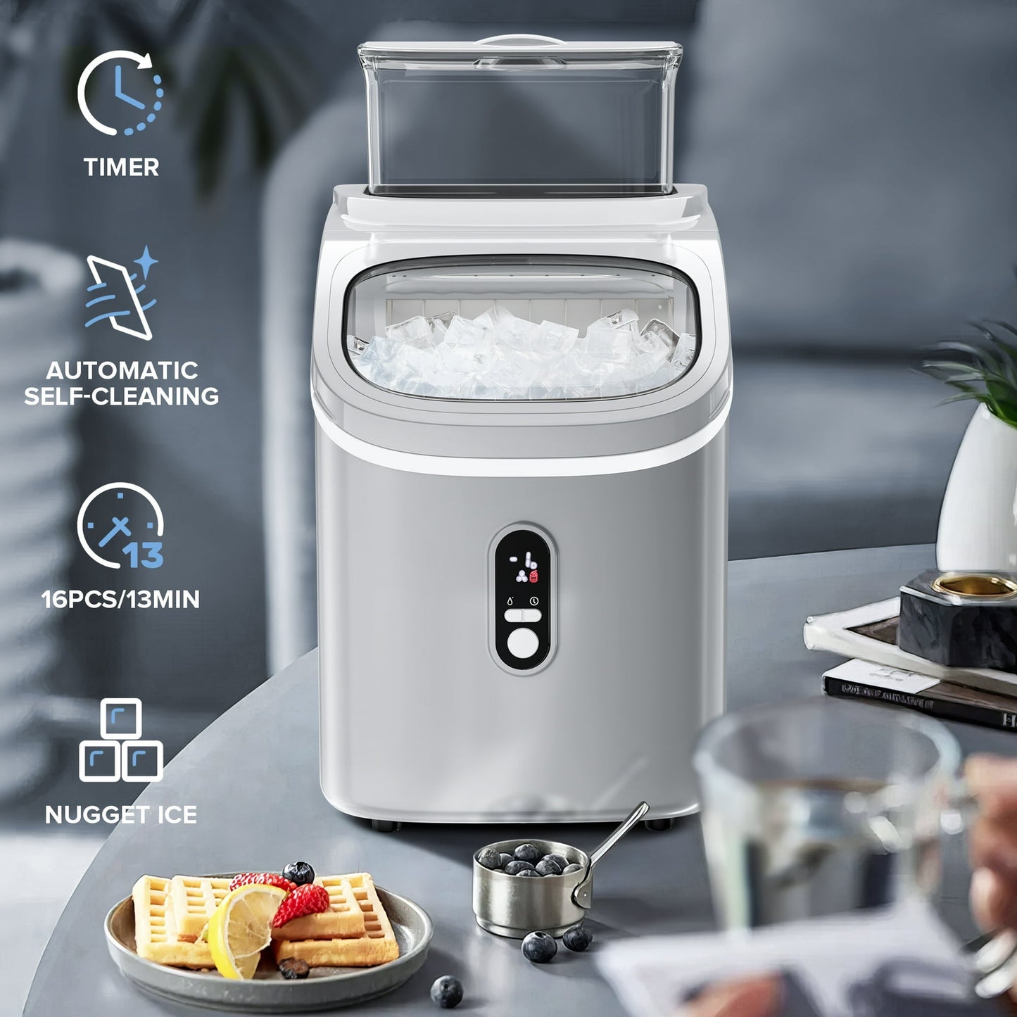 Auseo Ice Maker with 1.5L Detachable Water Tank, Cube Ice, Self-Cleaning and Timing Function, Party/Kitchen/Office, Gray