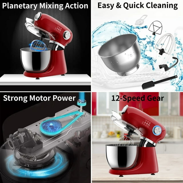 Auseo New Stand Mixer,6-QT 12-Speed Tilt-Head Kitchen Electric Mixer with Bowl, Dough Hook, Beater, Whisk for Most Home Cooks, (Empire Red）