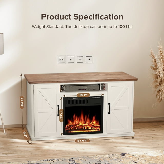 Auseo 48'' Freestanding Electric Fireplace with Log Insert, Remote Control, Walnut Mantel, Adjustable 3D Flame for Rooms up to 400 Sq.Ft. Large Storage - Walnut & White