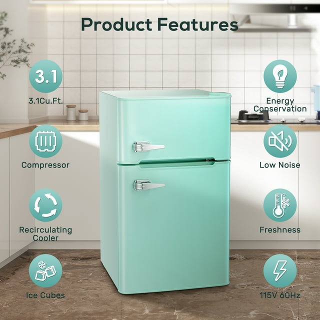 Auseo Mini Fridge 3.1Cu.ft 115 Volt 60 Hz Low Noise Adjustable Temperature Suitable for Kitchen Living Room Office and Dormitory Green