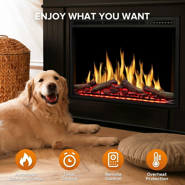 Auseo 34 Inch Electric Fireplace Insert, Three 3D Color, Timer&Remot Control, Adjustable Flame Speed, Touch Screen, 750W/1500W