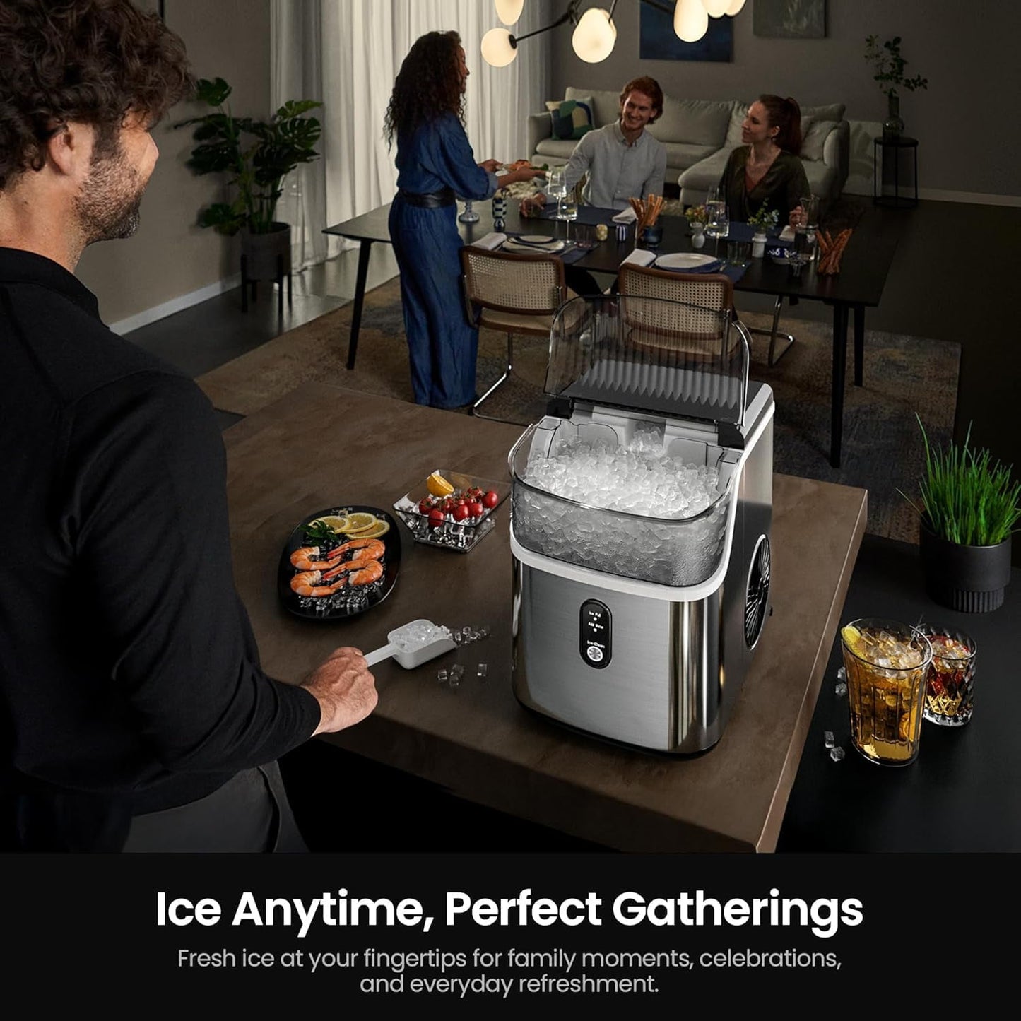 Auseo Nugget Ice Makers Countertop,Portable Ice Machine with Soft Ice , 35lbs/24h,Auto-Cleaning,One-Click Operation for Home Use,Silver