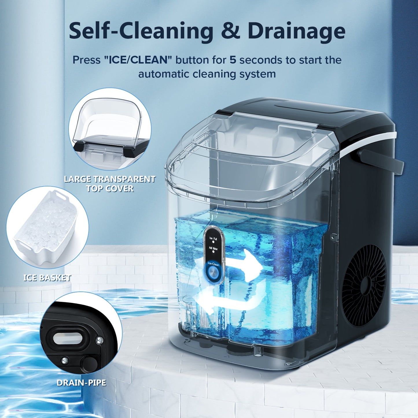 Auseo Nugget Ice Maker Countertop, Ready in 6 Mins ,35Lbs Each day with Self-Cleaning,Portable Sonic Ice Machine for Home/Office/Bar, Black