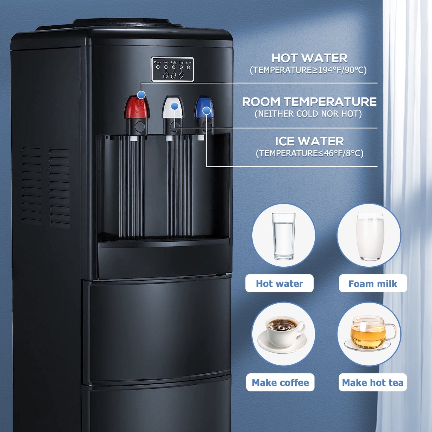 Auseo 3-in-1 Water Cooler Dispenser with Built-in Ice Maker, Top Loading Water Coolers with 3 Temperature Settings, 5 Gallon Bottle, Child Lock, 27Lbs/24H Ice Maker Machine-Black