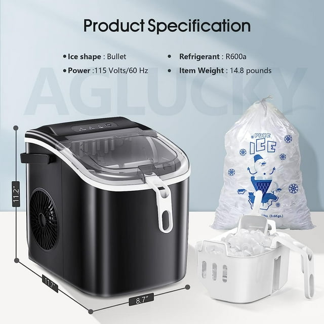 Auseo Ice Makers Countertop,Protable Ice Maker Machine with Handle,Self-Cleaning Function, 26Lbs/24H, 9 PCS Ready in 8 Mins, with ice Scoop and Basket,for Home/Office/Kitchen-Black