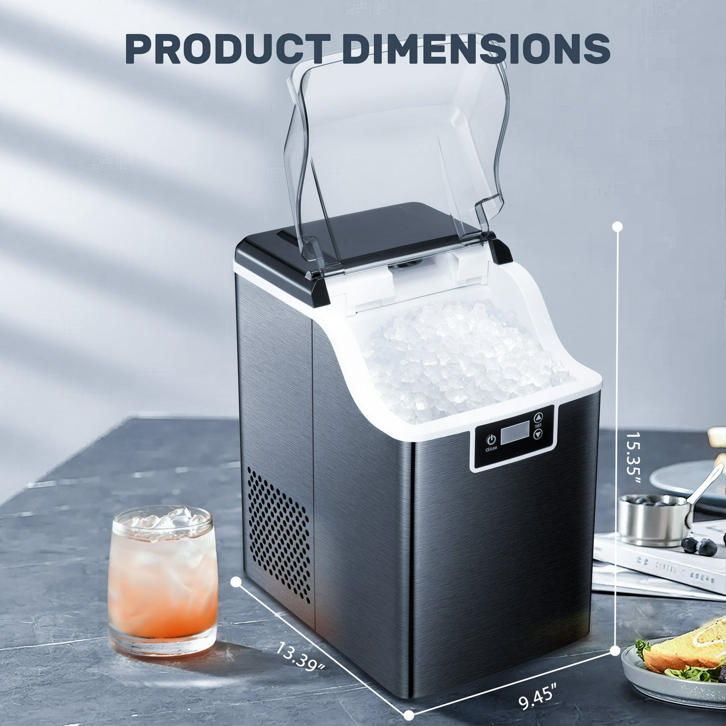 Auseo Nugget Ice Maker Countertop with Soft Chewable Pellet Ice, Self-Cleaning, LED Display, 44lbs/24H, Suitable for Home/Kitchen/Bar/Party Black