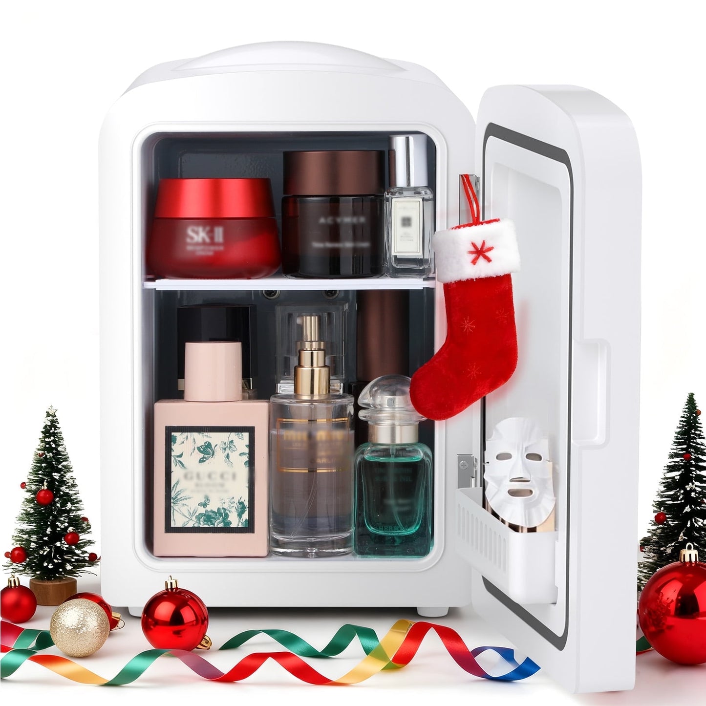 Auseo Mini Fridge Cooler Personal, Countertop, 4L/6 Cans, Warmer & Cooler, Front Door Stainless Steel, Fridge Magnet(Freebies), Option for Skincare, Makeup, Drinks, Dorm Room, Elegant White