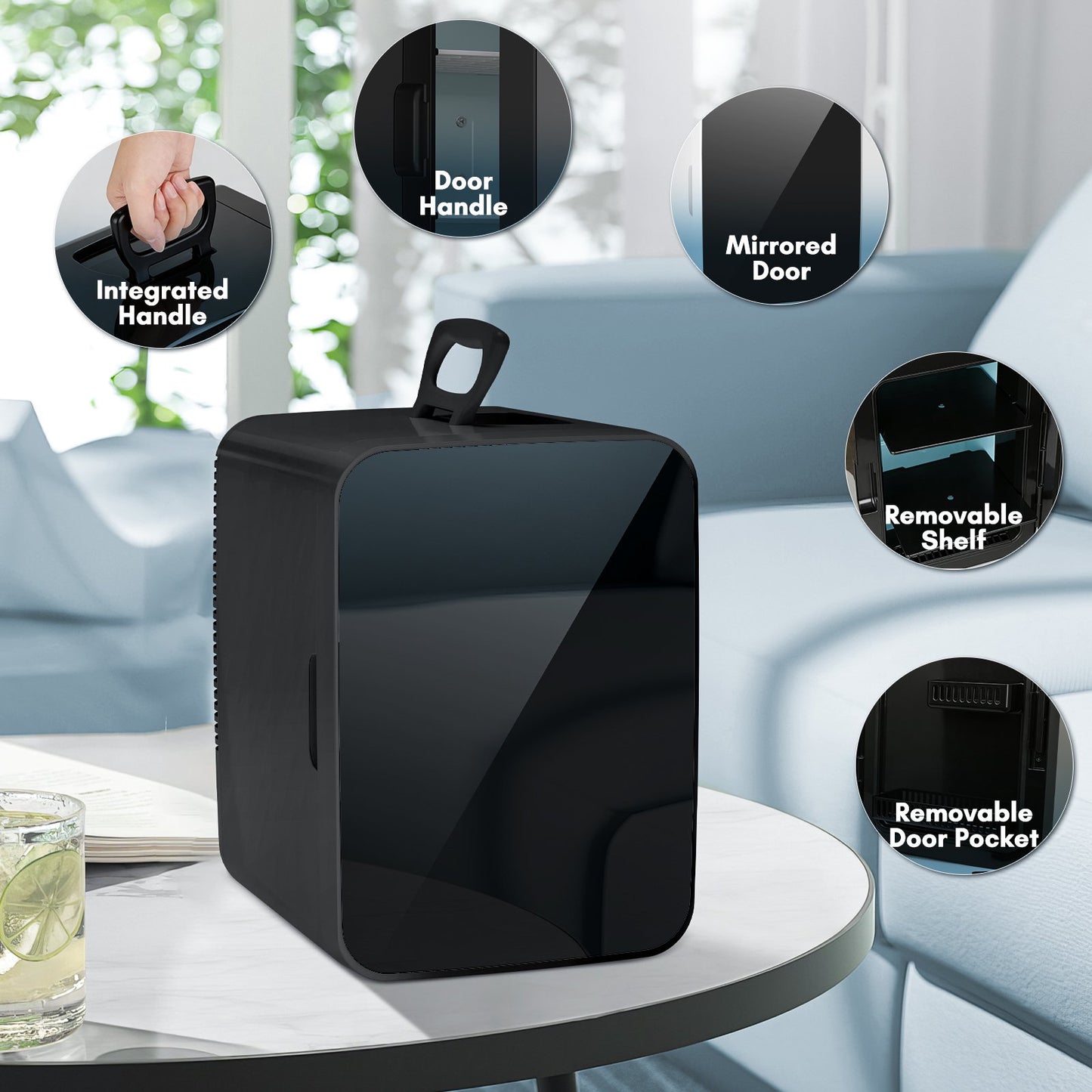 Auseo Mini Fridge for Bedroom, Portable Cooler for Cosmetics, Food & Drinks, Temper Glass Door with Doodle Pen, 12V DC/120V AC, for Skincare, Makeup, Car, Dorm Room, 10 Liter, Black