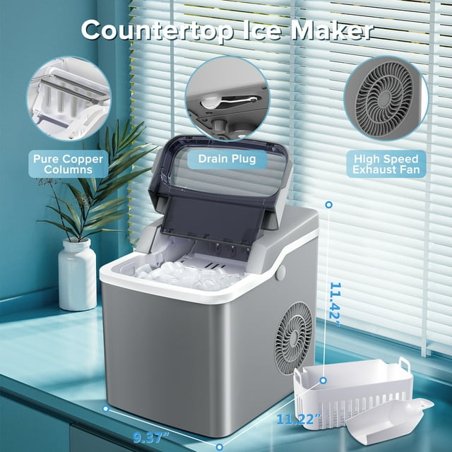 Auseo Portable Ice Maker Countertop, One-Click Operation Ice Makers with Ice Scoop and Basket, for Kitchen/Office/Bar/Party-Grey