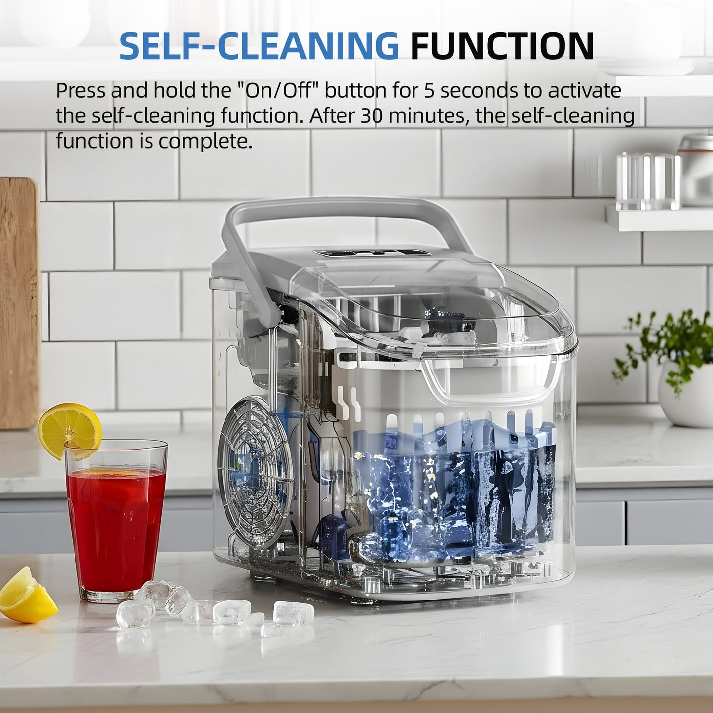 Auseo Countertop Ice Maker, 2 Sizes of Bullet Ice, 26Lbs/24H, 8 Ice Cubes in 6 Mins, Portable Ice Machine with Self-Cleaning for Home/Party/Travel/Camping (Grey)