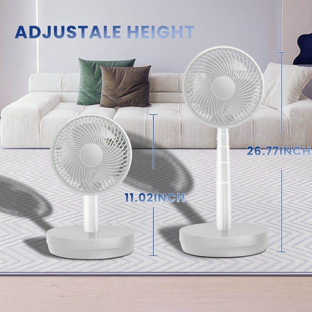 Auseo Portable Foldable Pedestal Fan- Rechargeable Battery Folding Standing Table Fan with 10 Speeds with Remote Control-White