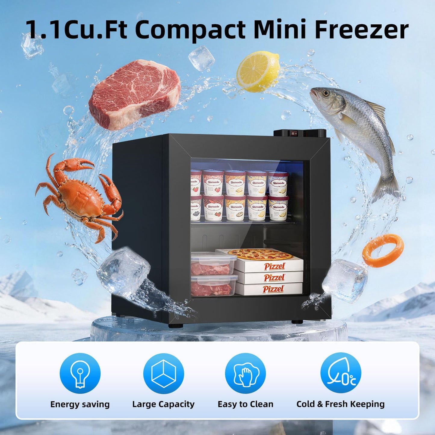 Auseo 1.1 Cu Ft Upright Display Freezer, Compact Countertop Mini Freezer for Ice Cream/Liquor/POS/home