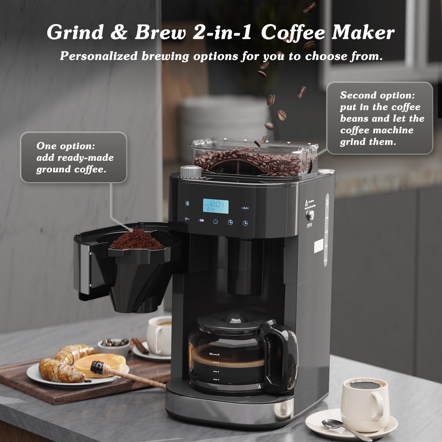 Auseo 10-Cup Drip Coffee Maker with Grinder, Automatic Brew, 3 Brew Strength Options, Warming Plate, Touch Screen, 1.5L Water Tank, Removable Filter for Home