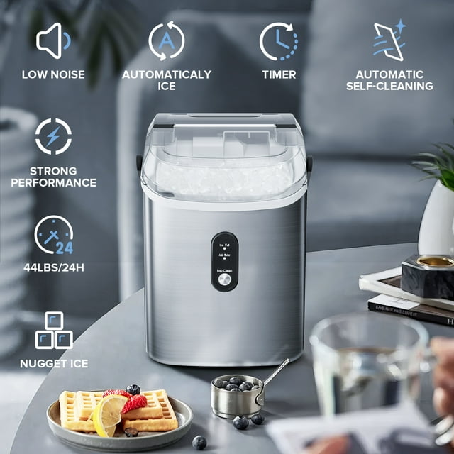 Auseo Nugget Ice Maker Countertop with Soft Chewable Pellet Ice, 33lbs/24H, Self-Cleaning Function, for Party/Kitchen/Office, Stainless Steel-Silver