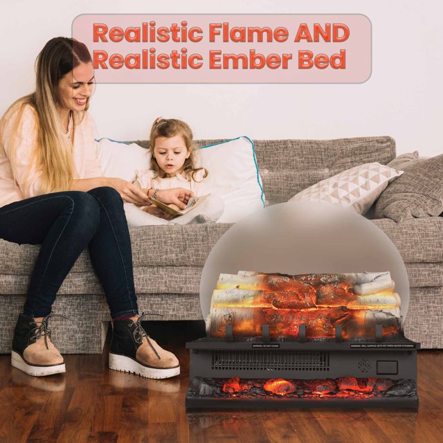 Auseo Electric Fireplace Log Set Heater 21IN, Remote Control, Flame Brightness Adjustable, Realistic Ember Bed, Overheating Protection for Home and Office Decor, 1500W Whitish Gray logs