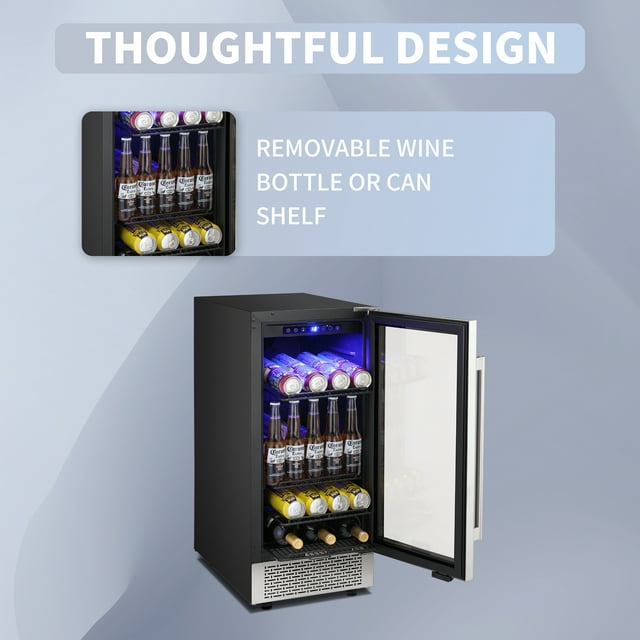 Auseo 15 inch Beverage Refrigerator, Built-in Wine Cooler, Mini Beverage Fridge, Clear Glass Door, Digital Memory Temperature Control, Beer Soda LED Light& Quiet Operation