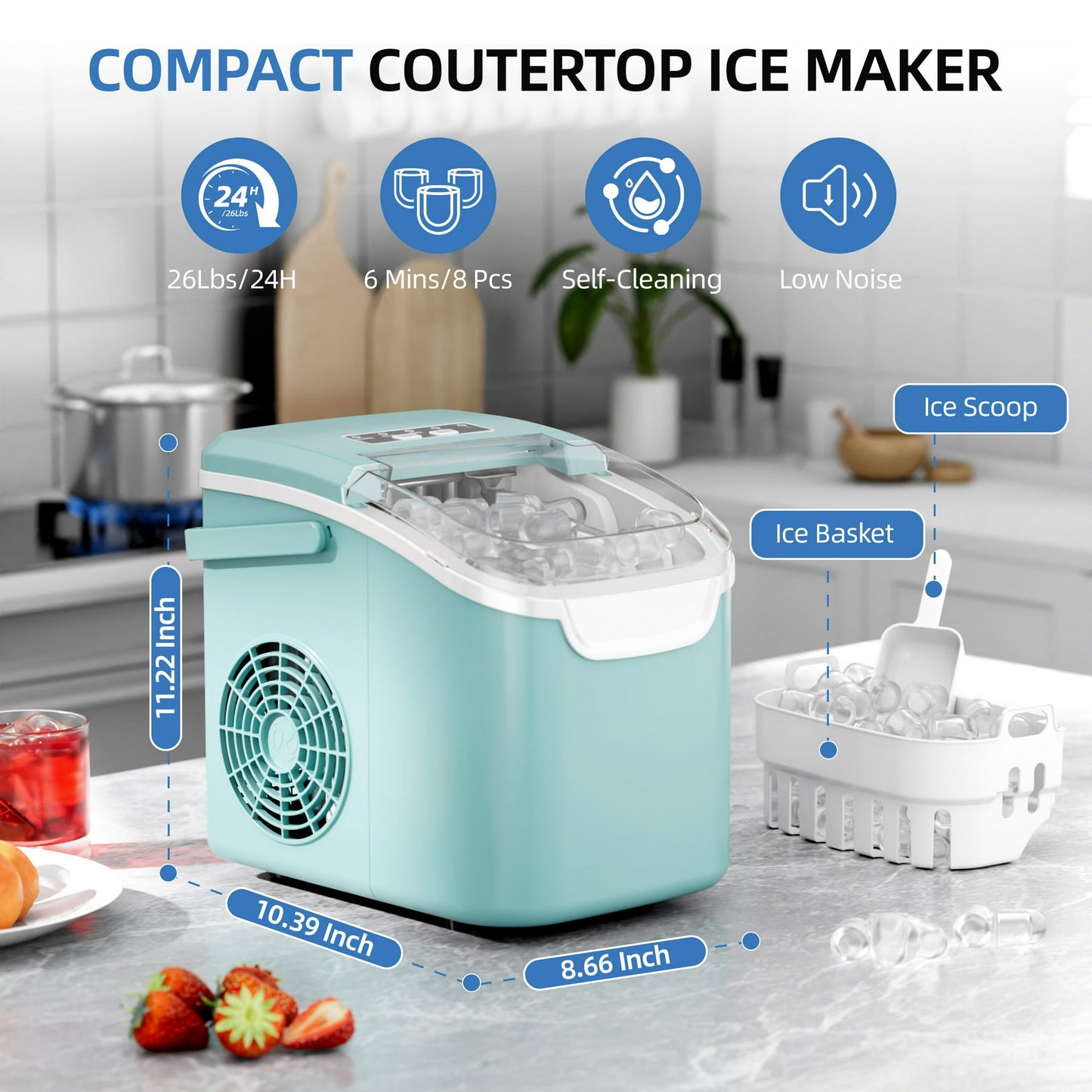 Auseo Countertop Ice Maker, 2 Sizes of Bullet Ice, 26Lbs/24H, 8 Ice Cubes in 6 Mins, Portable Ice Machine with Self-Cleaning for Home/Party/Travel/Camping (Light Green)