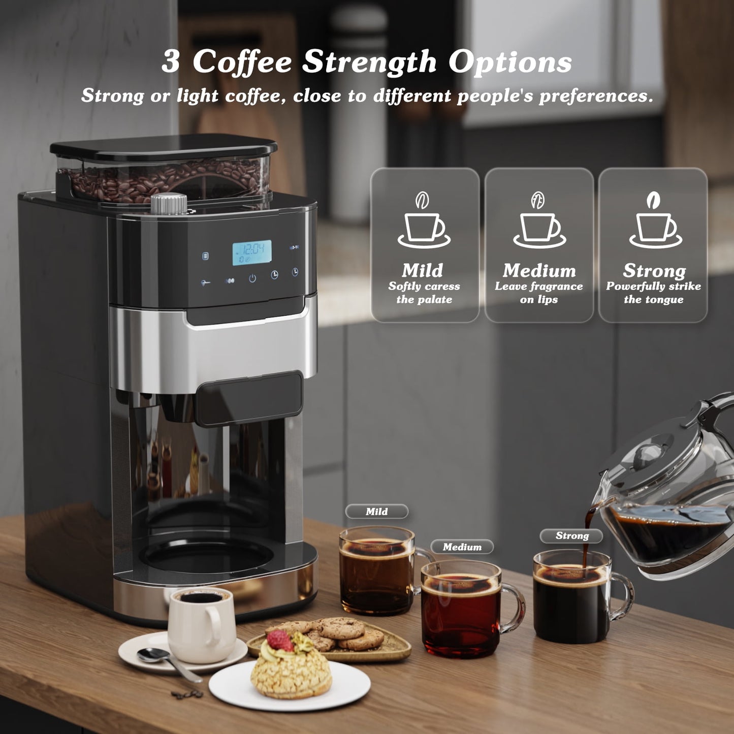 Auseo 10-Cup Drip Coffee Maker with Grinder, Automatic Brew, 3 Brew Strength Options, Warming Plate, Touch Screen, 1.5L Water Tank, Removable Filter for Home