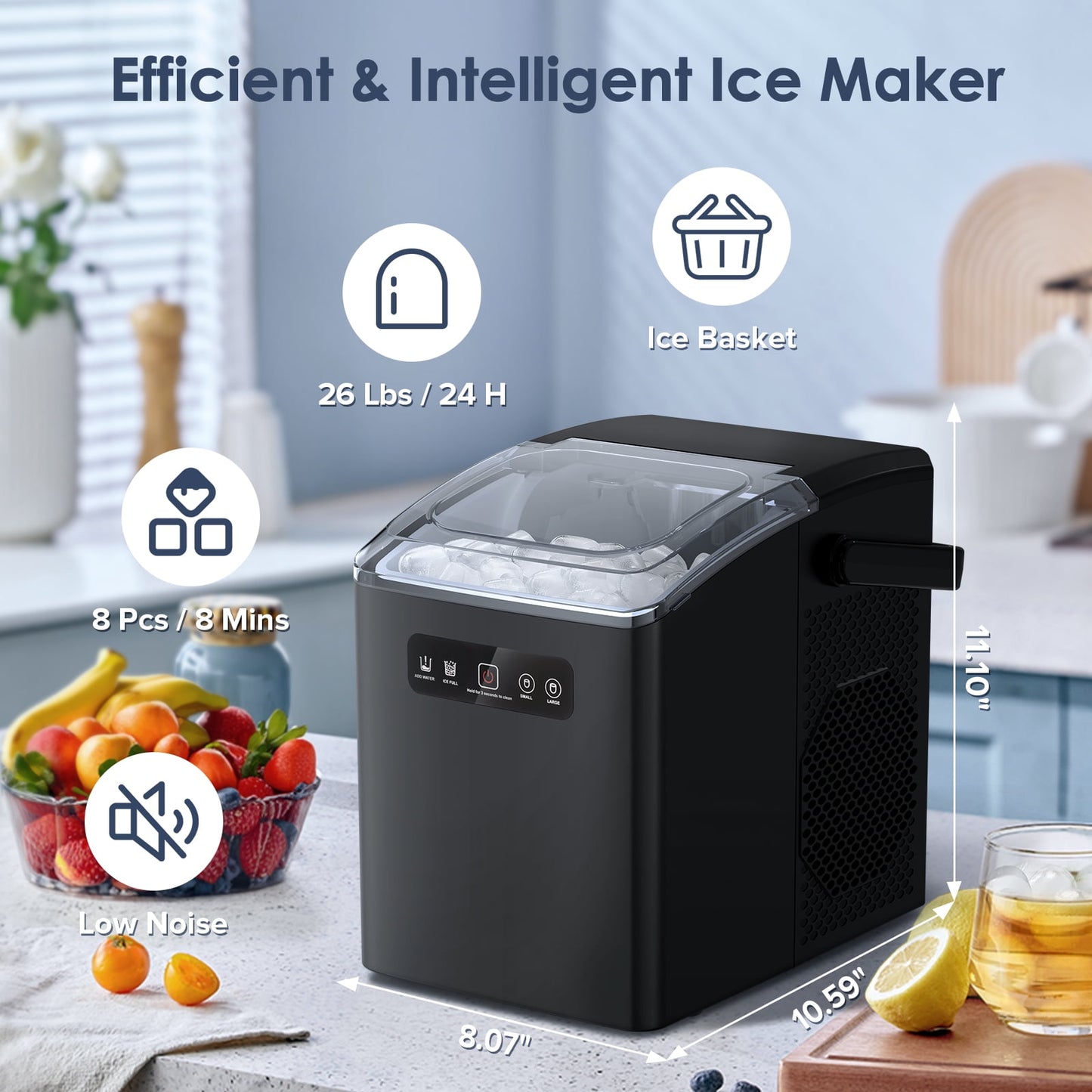 Auseo Countertop Portable Ice Maker, Self-Cleaning with Handle, Ice Scoop, 2 Sizes of Bullet Ice Cubes, for Home/Kitchen/Office-Black