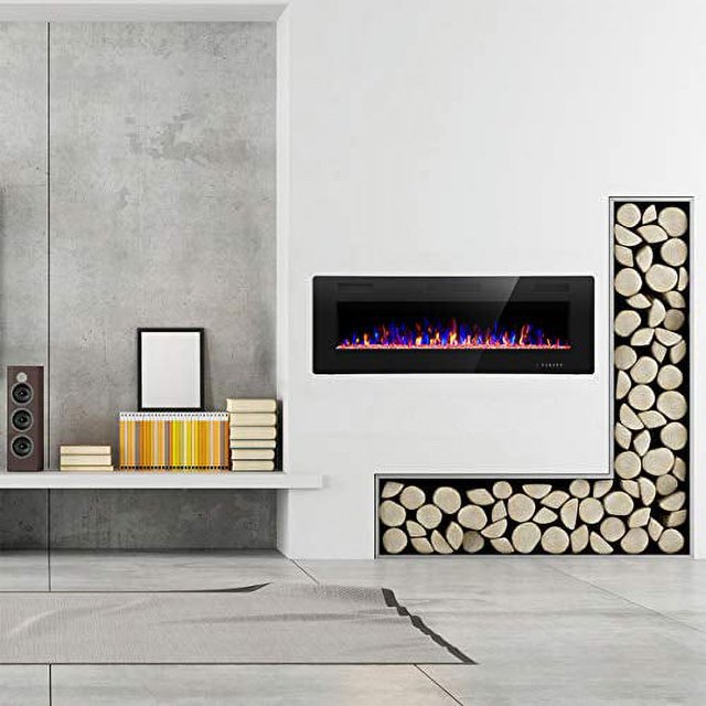 Auseo Electric Fireplace 50 inch Recessed and Wall Mounted,The Thinnest FireplaceLow Noise , Fit for 2 x 4 and 2 x 6 Stud, Remote Control with Timer,Touch Screen,Adjustable Flame Colors and Speed