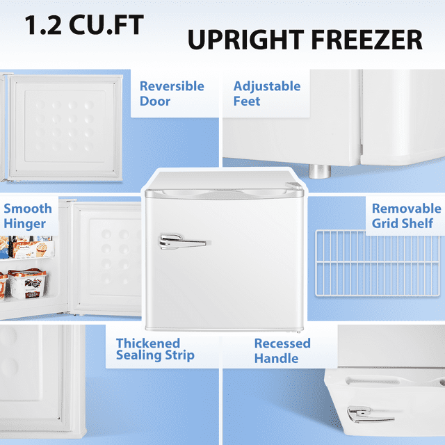 Auseo 1.2 Cu.ft Upright Compact Freezer, Mini Freezer with Handle, Reversible Single Door, Energy Saving & Adjustable Temperature & Quiet Operation for Dorm/Home/Office/Apt-White