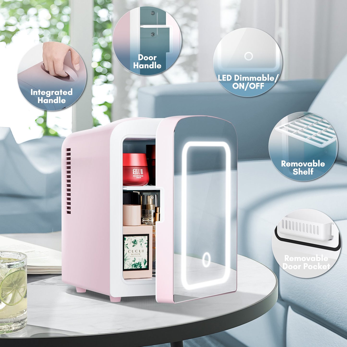 Auseo Mini Personal Fridge Cooler, LED Lighted Mirror, 4L Capacity Portable, Makeup and Skincare - AC/DC Refrigerator, Car, Office Desk & Dorm - Chills 6 Cans, Pink