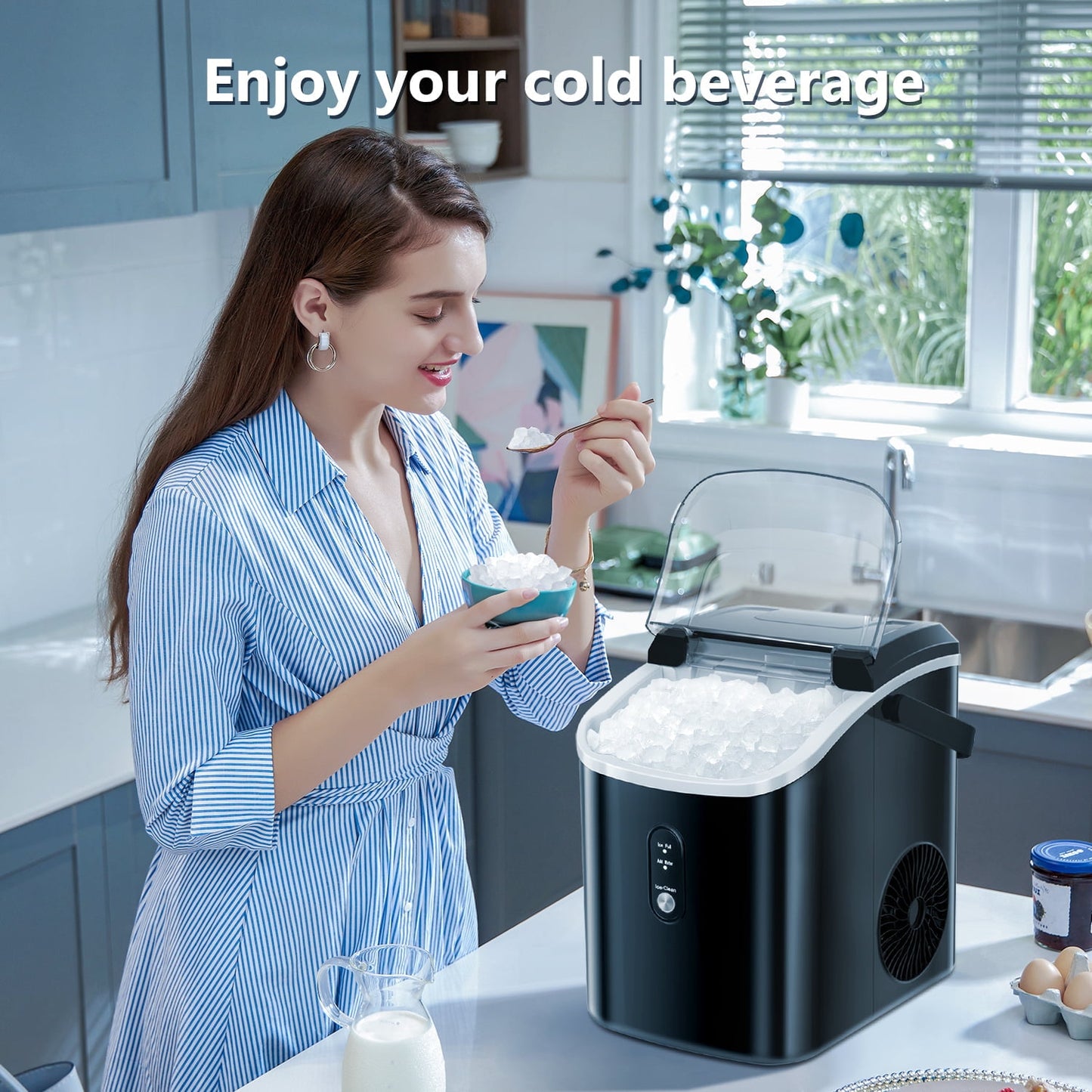 Auseo Nugget Ice Maker Countertop , 35lbs/24H, Self-Cleaning, Ice Basket & Ice Shovel & Handle, for Home/Office/Party, Black