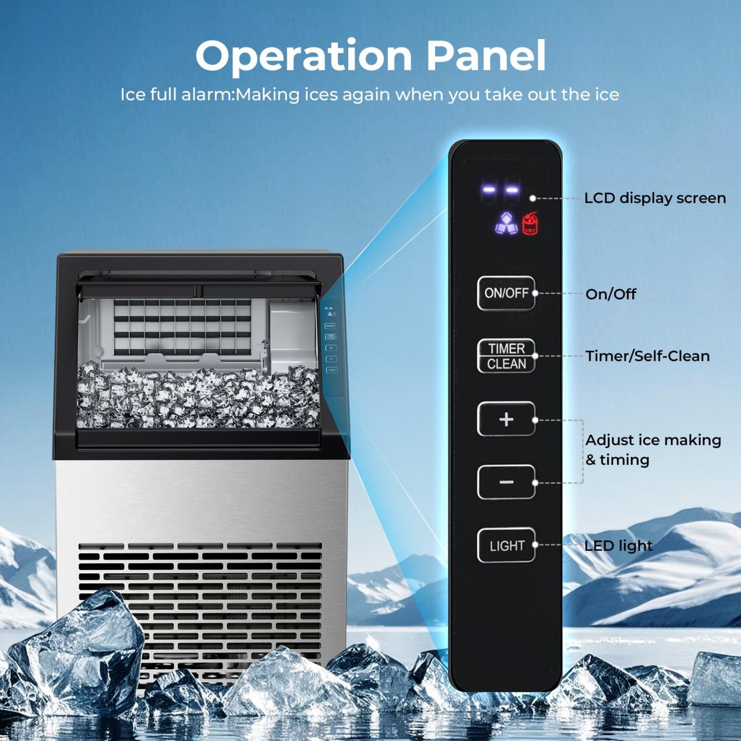 Auseo 80Lbs/24H Commercial Ice Maker Machine With 22Lbs Ice Storage Capacity, Compact Freestanding Under Counter Self Cleaning Stainless Steel Ice Machine for Home/Bar/Restaurant