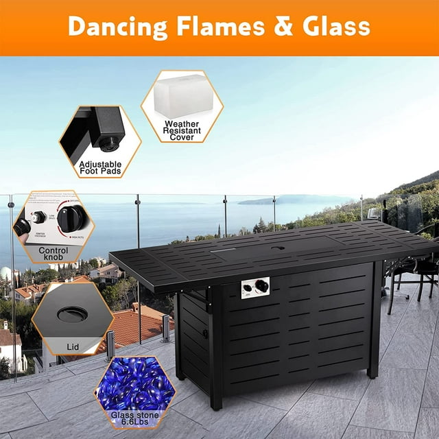 Auseo Propane Fire Pit Table 54in Foldable Table- Propane Fire Pit Table with Lava Rocks, Glass Wind Guard Steel Fire Pit Table for Picnic, 50000 BTU