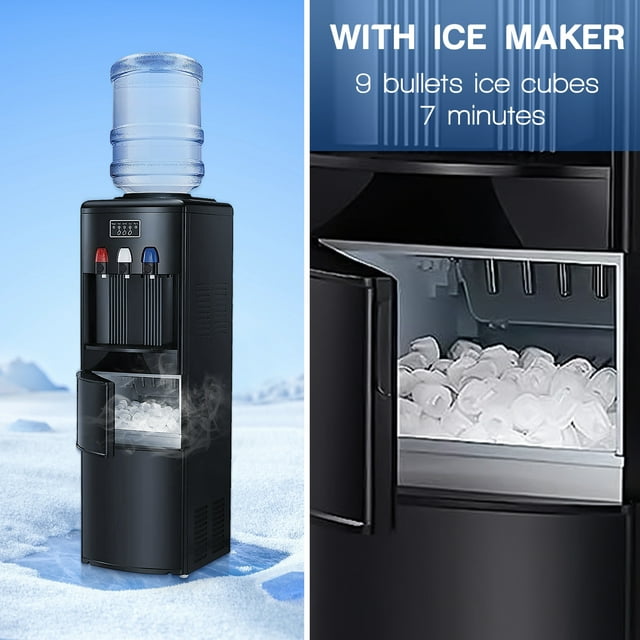 Auseo 3-in-1 Water Cooler Dispenser with Built-in Ice Maker, Top Loading Water Coolers with 3 Temperature Settings, 5 Gallon Bottle, Child Lock, 27Lbs/24H Ice Maker Machine-Black