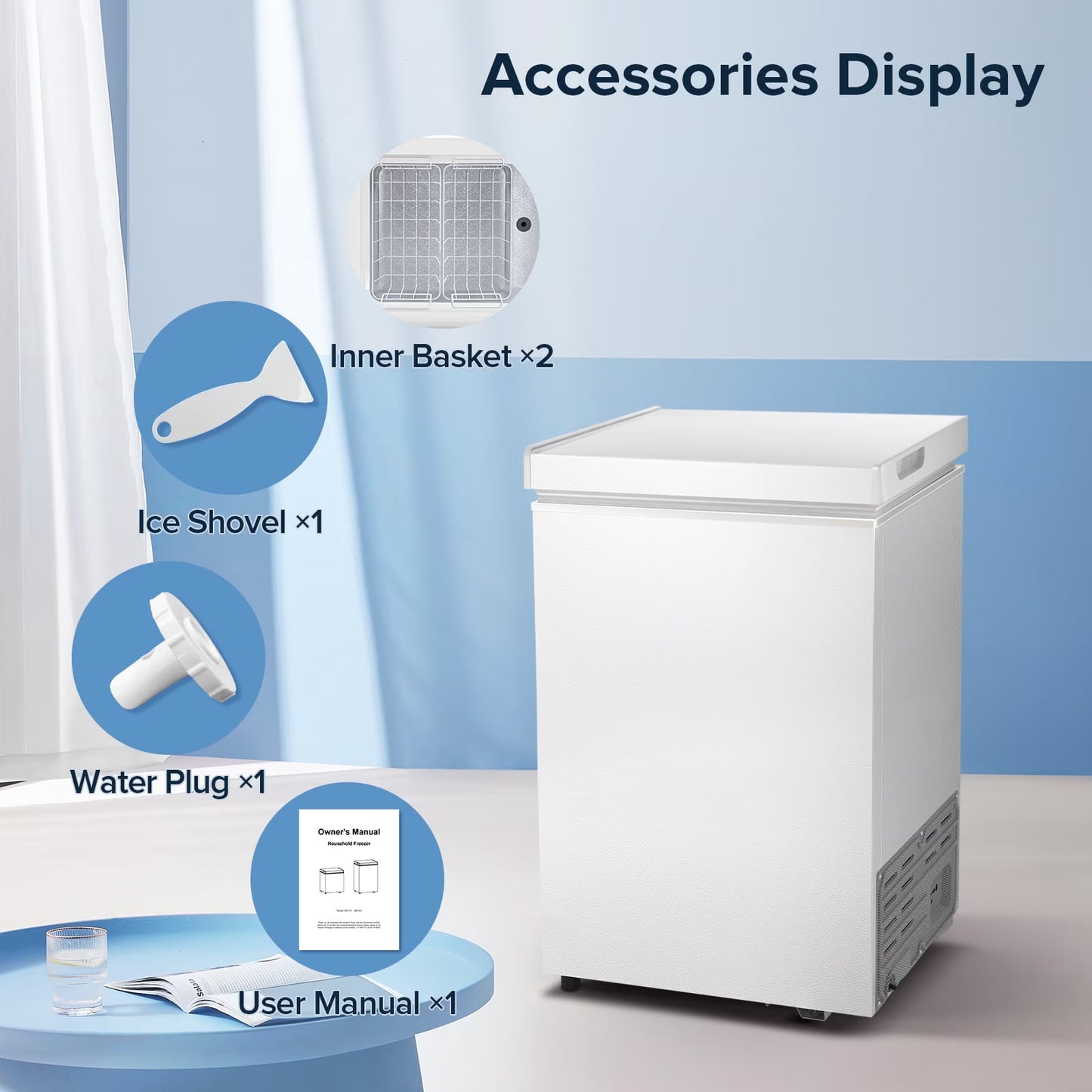 AUSEO Compact Freezer 3.5 cu ft Environmental Chest Freezer, Mini Freezer with 7 Gear Adjustable Temperature, Removable Storage Basket, Energy Saving, White