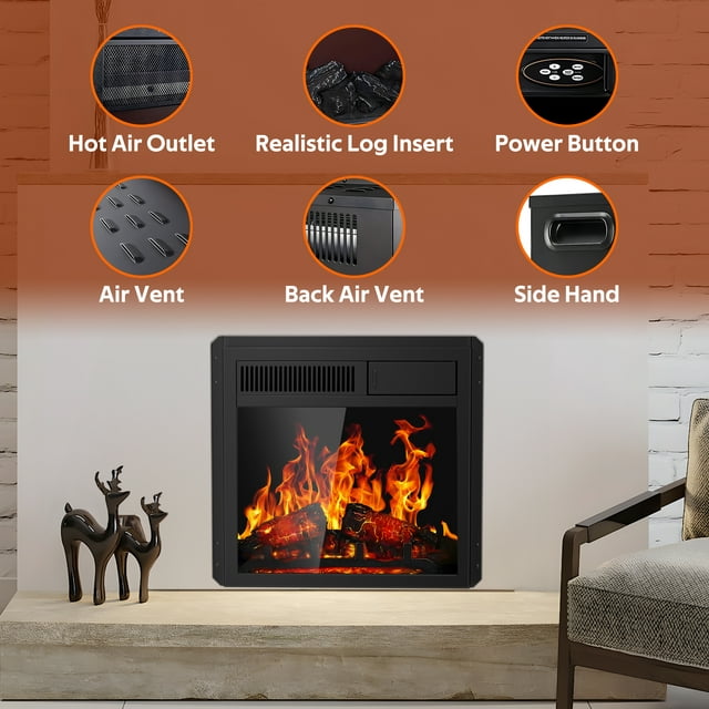 Auseo 20" Electric Fireplace Insert 18" Freestanding Heater with 7 Log Hearth Flame Settings, Remote Control and Adjustable Flame,750W/1500W-Black