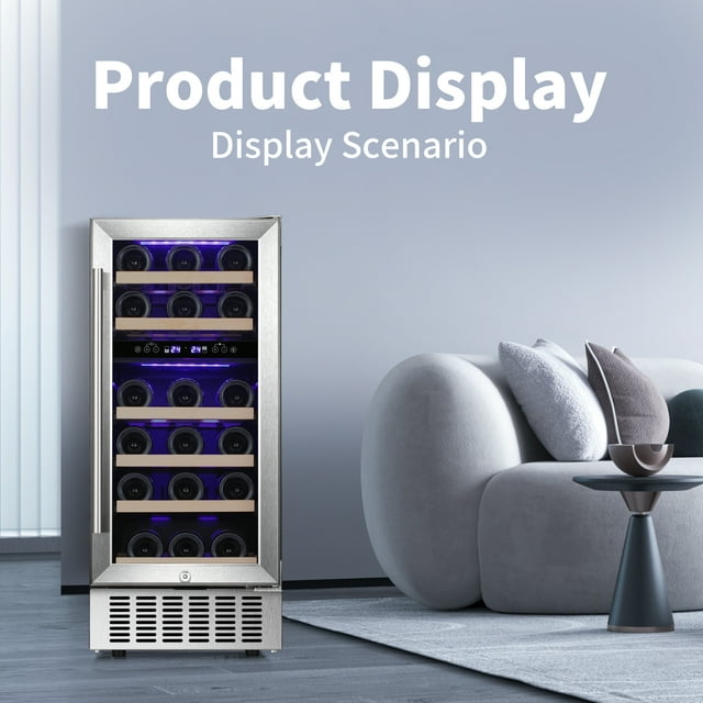 Auseo 15" Wine Cooler, Freestanding Beverage Refrigerator, 28 Bottle, Stainless Steel, Double Tempered, Glass Door