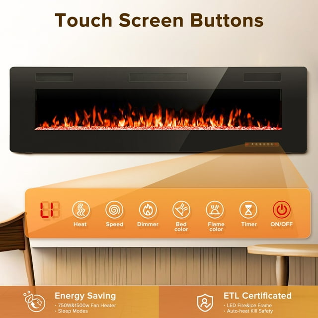 Auseo 68 inch Embedded Wall Mounted Indoor Electric Fireplace, Ultra-thin Low Noise Lightweight LED Fireplace Heater, Touch Screen, Timer, 1500W, Adjustable Flame Color and Speed, Black