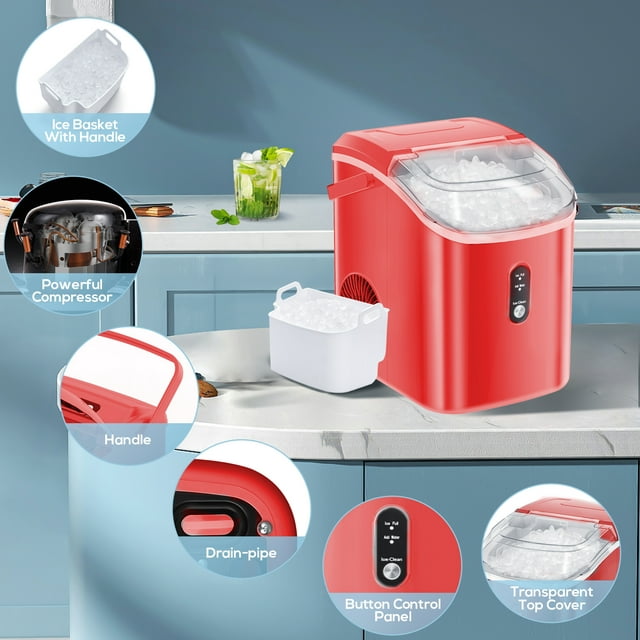 Auseo Nugget Ice Maker Countertop, 33lbs/24H, Self-Cleaning Function, Portable Ice Machine for Home/Office/Party- (Red)