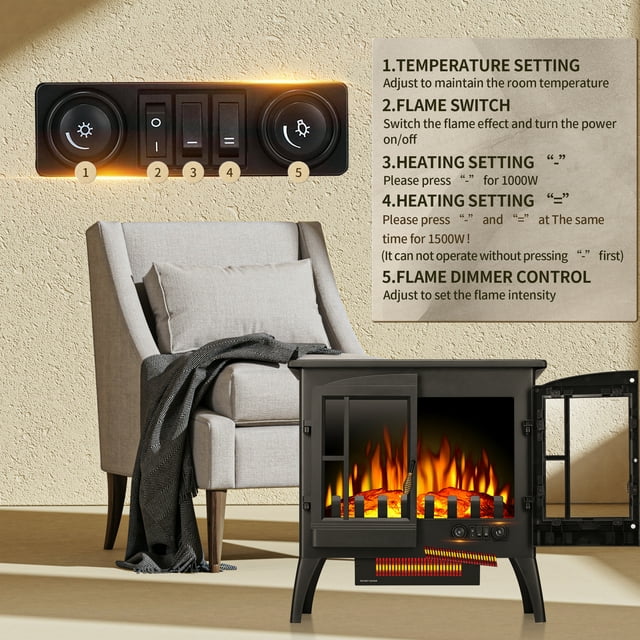 Auseo Electric Fireplace Infrared Stove Heater, 23" Freestanding Fireplace Heater, 3D Realistic Flame Effects, Adjustable Brightness and Heating Mode, Overheating Safe Design, 1000W/1500W, Black