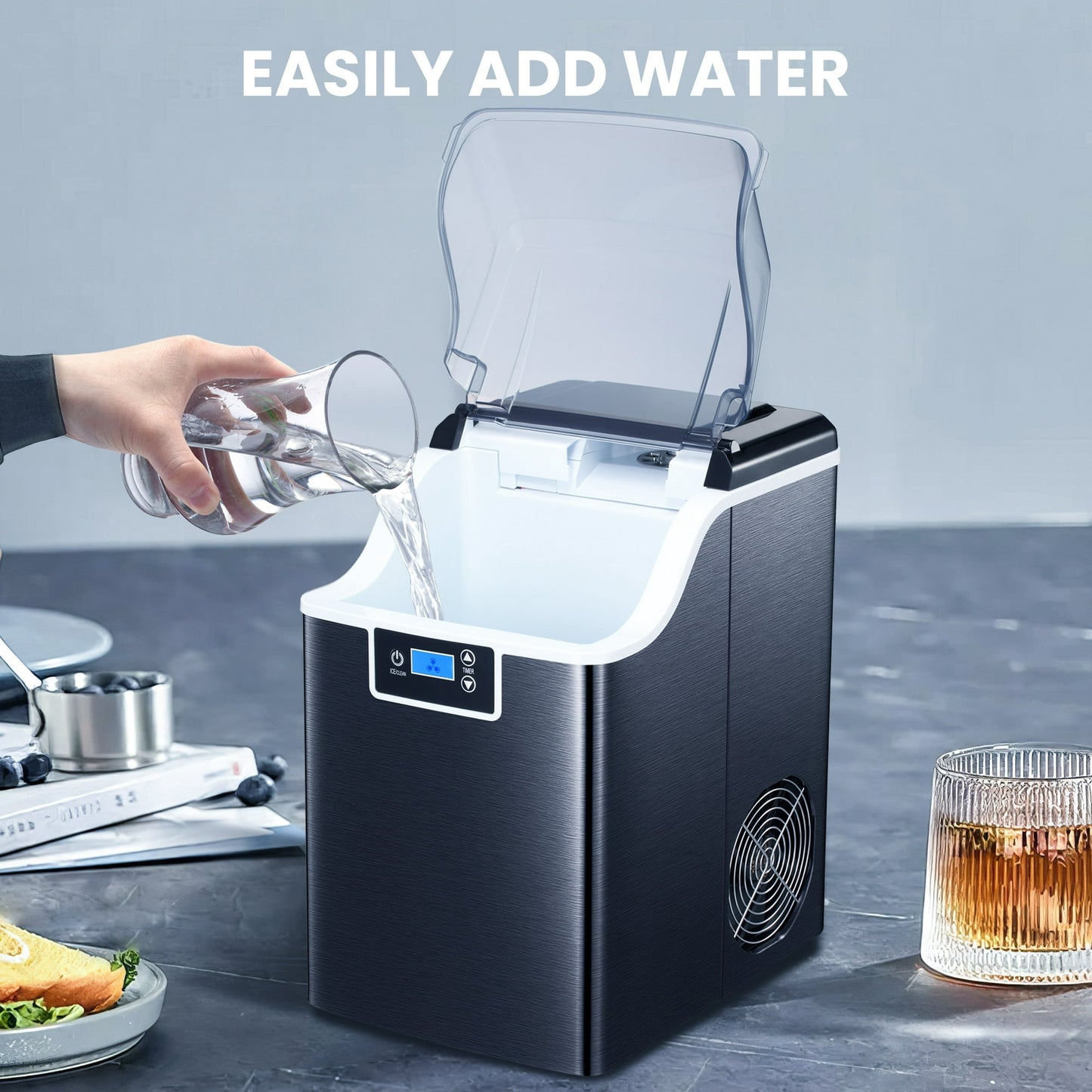 Auseo Nugget Ice Maker Countertop with Soft Chewable Pellet Ice, Self-Cleaning, LED Display, 44lbs/24H, Suitable for Home/Kitchen/Bar/Party Black