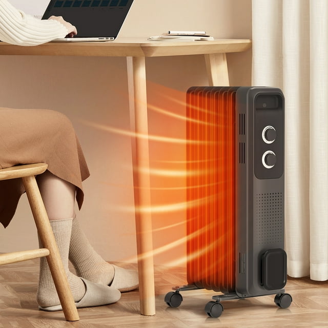 Auseo 1200W Electric Oil Filled Radiator Space Heater, Temperature Regulation, Safety Protection, Cord Storage, Grey