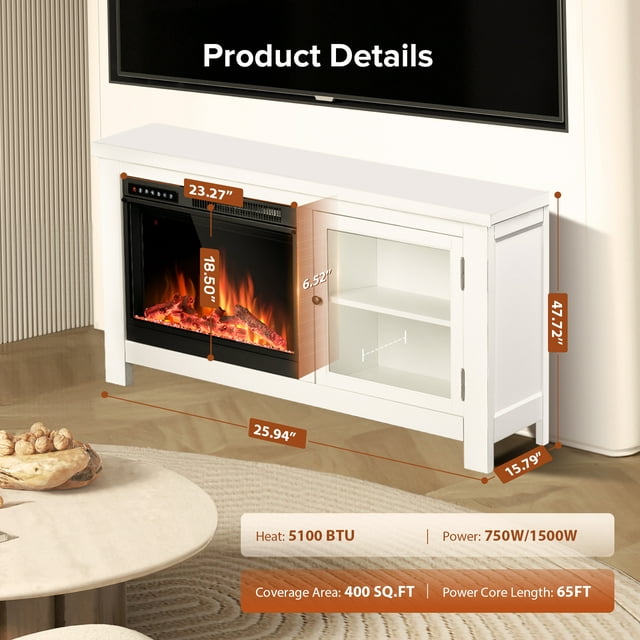 Auseo 48'' Electric Fireplace Mantel，Remote Control, Adjustable LED Flame, 750W/1500W Free Standing Fireplace（White）