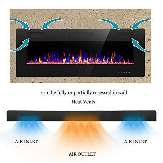 Auseo Electric Fireplace 50 inch Recessed and Wall Mounted,The Thinnest FireplaceLow Noise , Fit for 2 x 4 and 2 x 6 Stud, Remote Control with Timer,Touch Screen,Adjustable Flame Colors and Speed