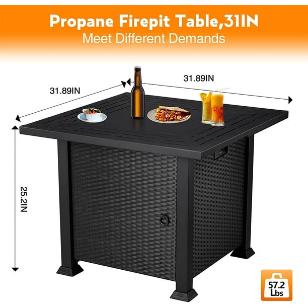 Auseo Rattan Fire Pit Table 32in Square Metal Firepits- Propane Fire Pit Table with Lava Rocks, Glass Wind Guard Steel Fire Pit Table for Picnic, 50000 BTU